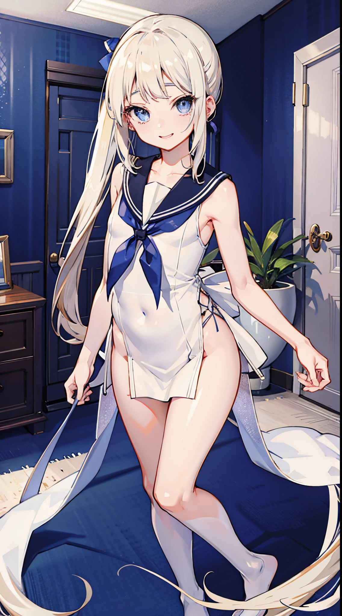 top-quality、realistic touch,high-detail、photoRealstic、long body、thin-waist、captive beauty、big eye、Strong platinum blonde eyelashes、platinum-blond、full body Esbian、Sparkling eyes、Submissive smile、Flushed cheeks、Kamimei、thin-waist、Voluptuous thighs、Enraptured look、Raked bangs、The forehead is protruding、a sailor suit、sleeveless、Inside a room、 girl、pony tail hairstyle、standing、clothes with wide open sides、