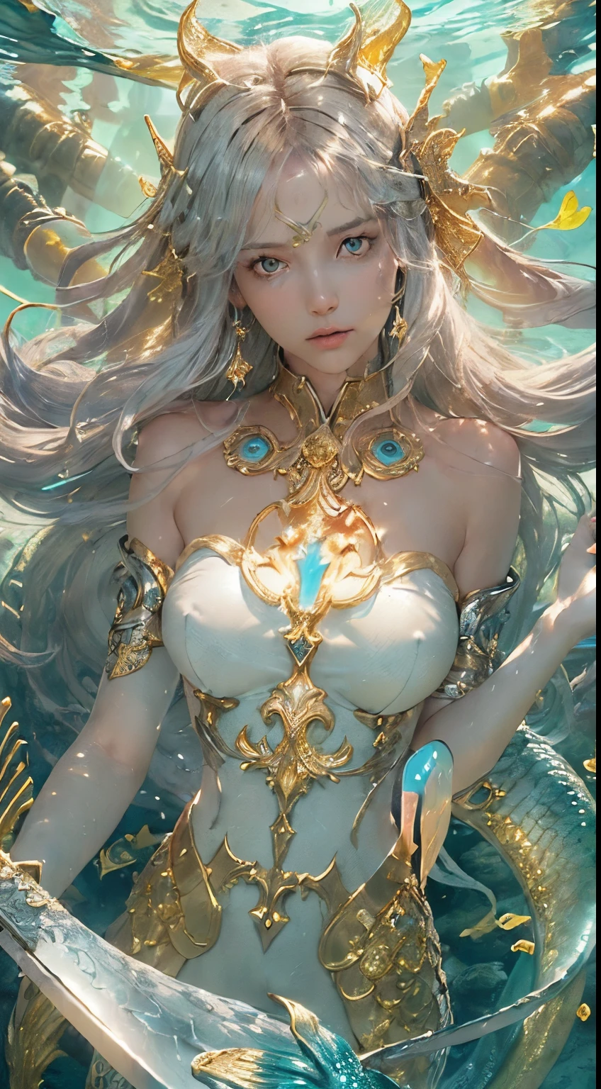 ((sword in hand:1.8)), (award-winning masterpiece, with incredible detail, textures and maximum detail), (hyper realistic:1.4), (realistic:1.3), (upper body close-up:0.4), (many gold and silver treasures are sunken: 1.8), ( Top Quality Real Texture Skin), (((Underwater))), (Deep Sea: 1.5), (Dark Sea at Night: 1.6)), (Detailed True Circle Symmetrical Eye-Catching Exquisite Face, ((Medieval World)), ((Mermaid)), ((Mermaid Prince Mermaid Noble)), (Eyes Burning Brightly Like Flames ), (she smiles mischievously), (sunken ship with treasures:1.4), (sunken temple on coral reef), (sunken temple, sunken cathedral, sunken temple ruins, sunken detached temple, sunken ruins of ancient castle, shining majestic water and light, coral reef, (eyes glowing golden in the dark:1.5), (eyes with a strong inner (strong golden light from within:1.5), (bioluminescence:1.5), (swirling water currents and currents in background), (dramatic light), (magnificent scene), (her expression is gentle and beautiful), glass earrings in ears, (dramatic photo:1.4), (( dramatic pose))), (gorgeous photograph), (golden hair), (silver hair), (chestnut hair), ((examining)), ((looking down)), (elaborately crafted necklace around her neck), (bioluminescent with brilliant sparkle:1.3), (flashy Hydromagic: 1.2), (beautiful fish in surrounding area), (luminous magic circle: 1.5), epic realistic, faded, art book, (Greg Rutkowski: 0.8), (teal and orange: 0.4), (art station: 1.5), cinematic ((neutral hues)), (ticker:1.5), (muted colors:1.2), hyperdetailed, dramatic light, (elaborate detail:1.1), complex background, (muted colors:1.2)