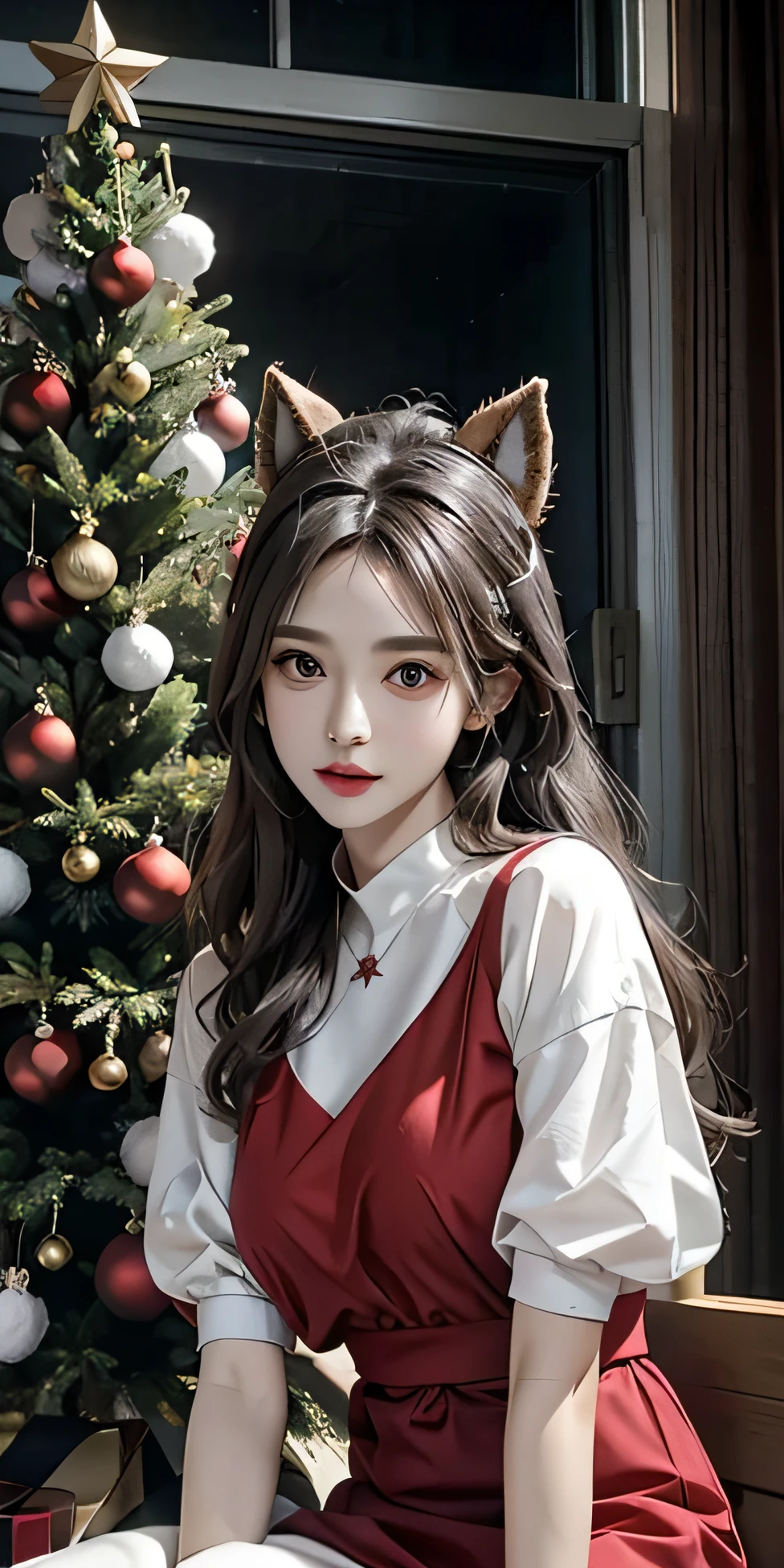 Araffe girl in a red dress sitting in front of a christmas tree - SeaArt AI