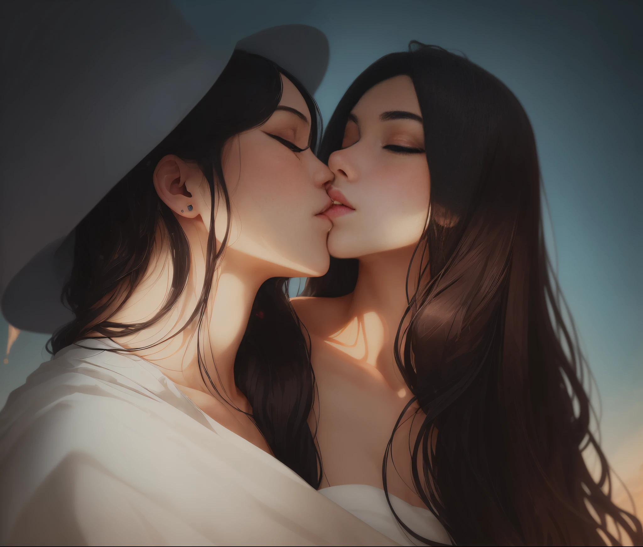 / A young woman with long black hair, wearing a spacious white dress, kissed a gentleman lightly under the moonlight on the beach. Her perfect face was clearly defined, her perfect hands were perfect, and 3D super details were added --auto --s2