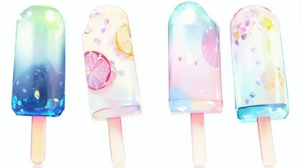 four candies、very transparent、kirakira、white backgrounid、Looks very tasty、Shines