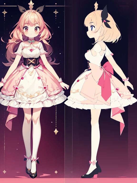 Chara Sheet,character reference sheet, 1 girl, CharacterDesignSheet, ((front-facing view, from side view)) symmetrical elements in clothing, Clothes simulation detection similar to CLO, Awesome designer, full body Esbian,clothes shiny, Images of girls, Better hands, Pink tone, quill, Girly, Sweet Decoration, Pink bubbles, Candy color scheme, dreamy scene, exquisitedetails, Small and exquisite, Sweet atmosphere, Romantic elements, Girlish emotions, Pink color, Cute decorations, Sweet smile