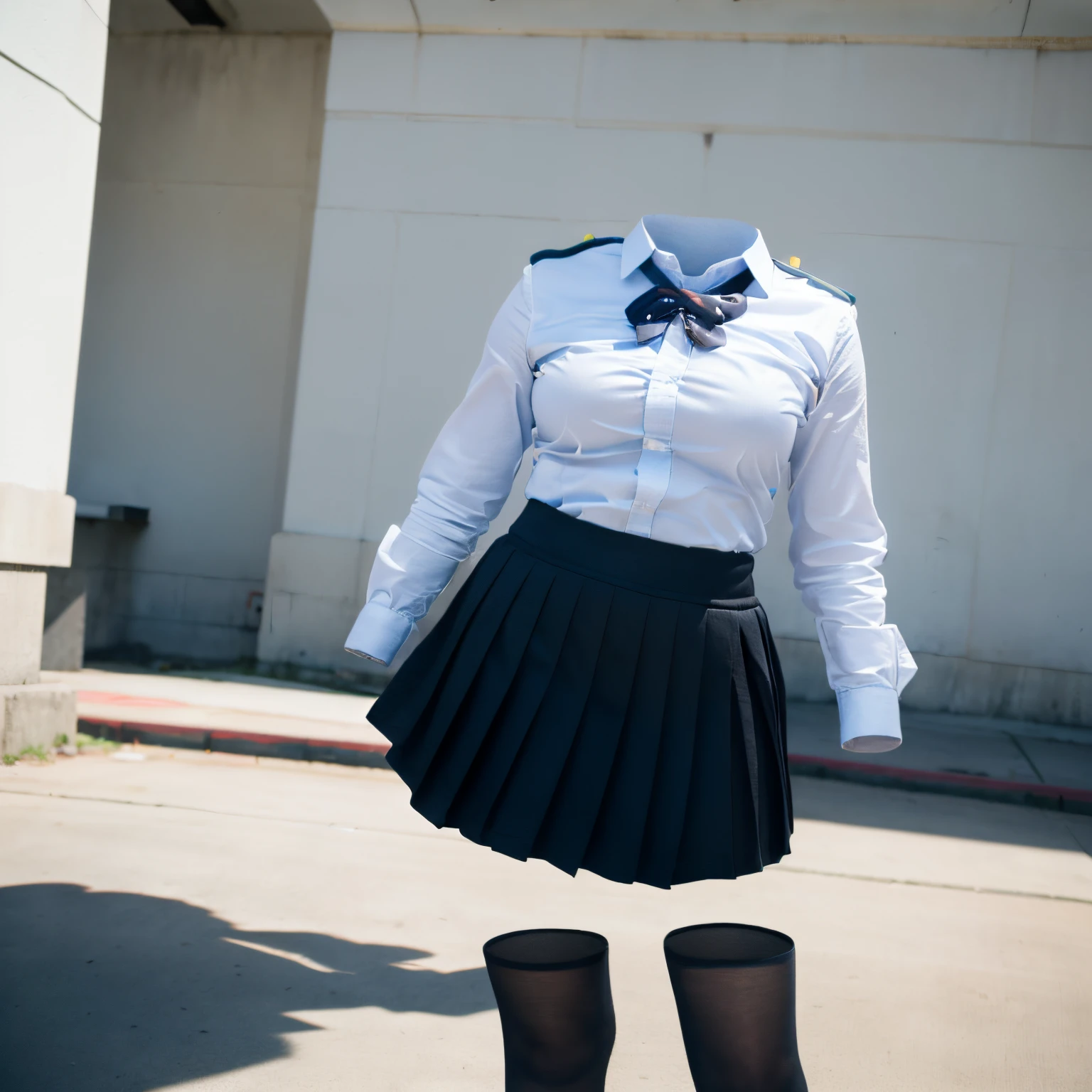 chubby, fat, white shirt, blue stripe tie, school tie, school uniform, plaid skirt, (from below), cute pose, (invisible, no humans, headless, faceless:1.5), cute big breasts, (8k, RAW photo, best quality, masterpiece:1.2), (realistic, photo-realistic:1.37), photon mapping, radiosity, ((Hasselblad photography)), physically-based rendering