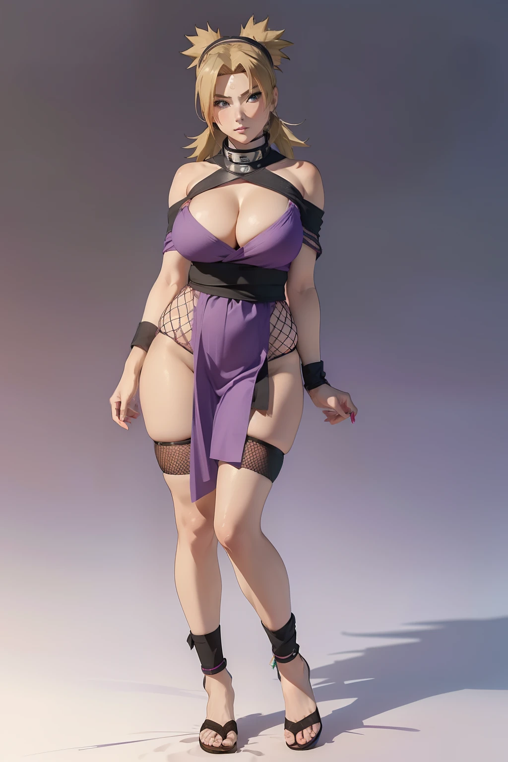 (masterpiece, best quality, ultra-detailed, ultra-HD, photorealistic, cinematic), (alluring anime girl, Temari of Naruto Shippuden anime), perfect body, perfect face, perfect hands, delicate face, (large cleavage:1.2), (round ass), (long round legs), (wide shot, full body view:1.5), (sandy blonde hair in 4 consecutive pigtails), (single light purple-colored and off-the-shoulders garment that extended to halfway down her thighs, with a scarlet sash tied around her waist), (incorporating fishnet worn over her shoulders and legs, specifically on her right calf and her left thigh), ( pose), (gradient background), (teal eyes, detailed pupils, blushing, slightly parted lips