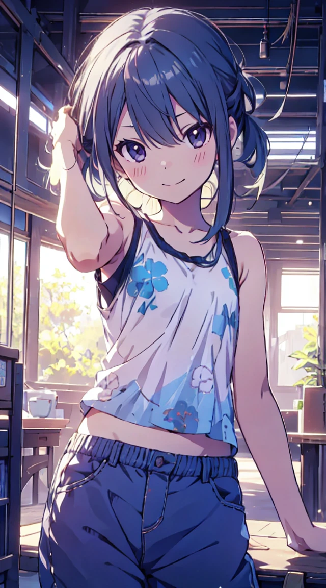 masutepiece, Best Quality,Illustration, Wallpaper, ultra -detail, 1***********、♡、Futomo、Poses in motion、soft smiling、Summer scenery、Tank Tops、shortpants