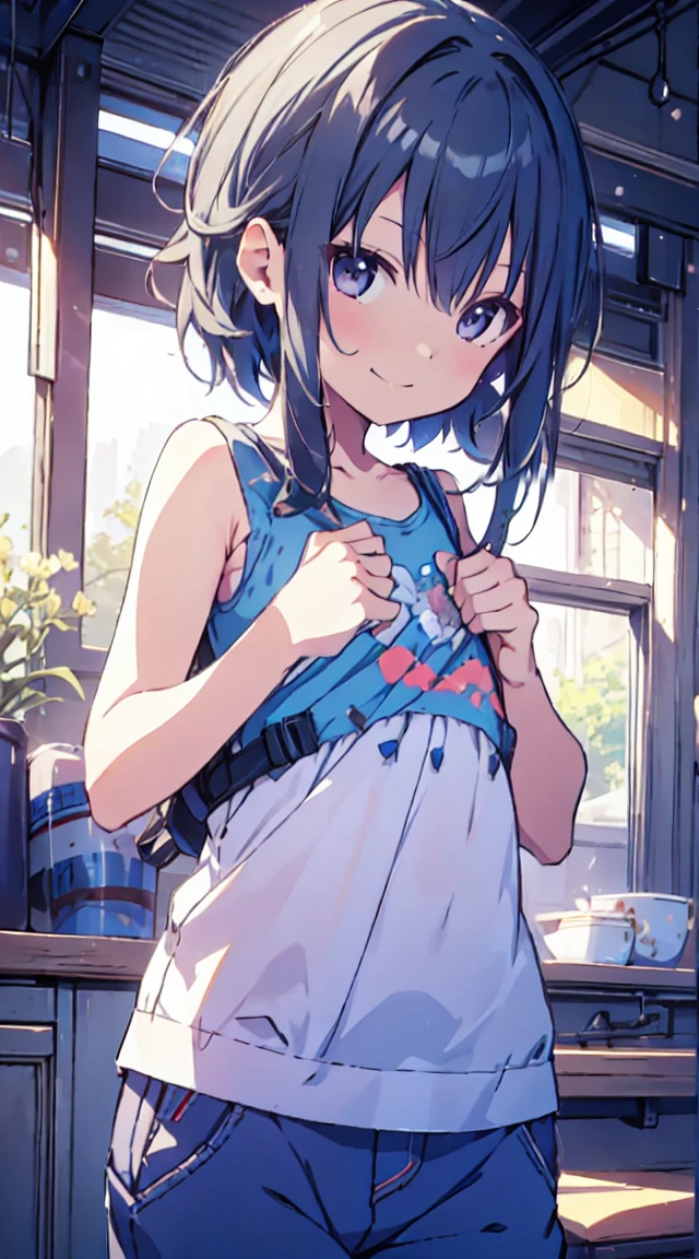 masutepiece, Best Quality,Illustration, Wallpaper, ultra -detail, 1little girl、♡、Futomo、Poses in motion、soft smiling、Summer scenery、Tank Tops、shortpants