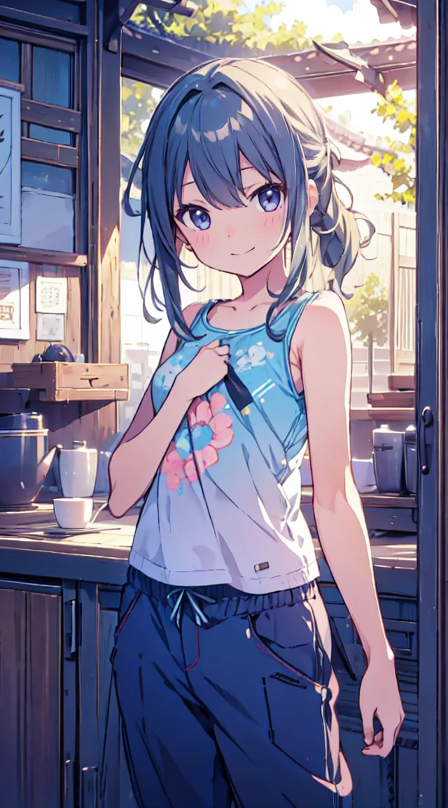 masutepiece, Best Quality,Illustration, Wallpaper, ultra -detail, 1little girl、♡、Futomo、Poses in motion、soft smiling、Summer scenery、Tank Tops、shortpants