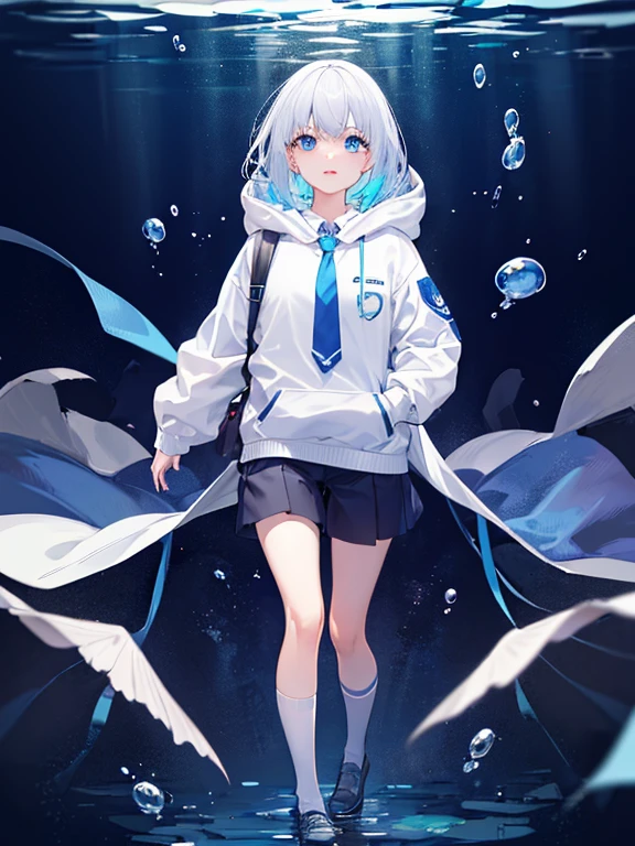((quality)), ((masterpiece)), ((ultra - detailed)), (Extremely Delicately Beautiful), Girl vs, report, Cold attitude,((White hoodies)),She is very(unwind)with the(Settle down)looks,depth of fields,lusty smile,airbubble, Under water, airbubble,Underwater world bright light blue eyes,interior color,Bright gray hair with light blue tips,,,,,,,,,,,,,,,,,,,,,,Cold background,Bob Hair - Linear Art, shorter pants、knee length socks、white like school uniform、Light blue ribbon tie、The clothes are transparent、The hand in my right pocket is like a sapphire,Blue shoulder straps, A small blue light floatantastic eyeangs fall on eyes, (Gives a sexy impression.)