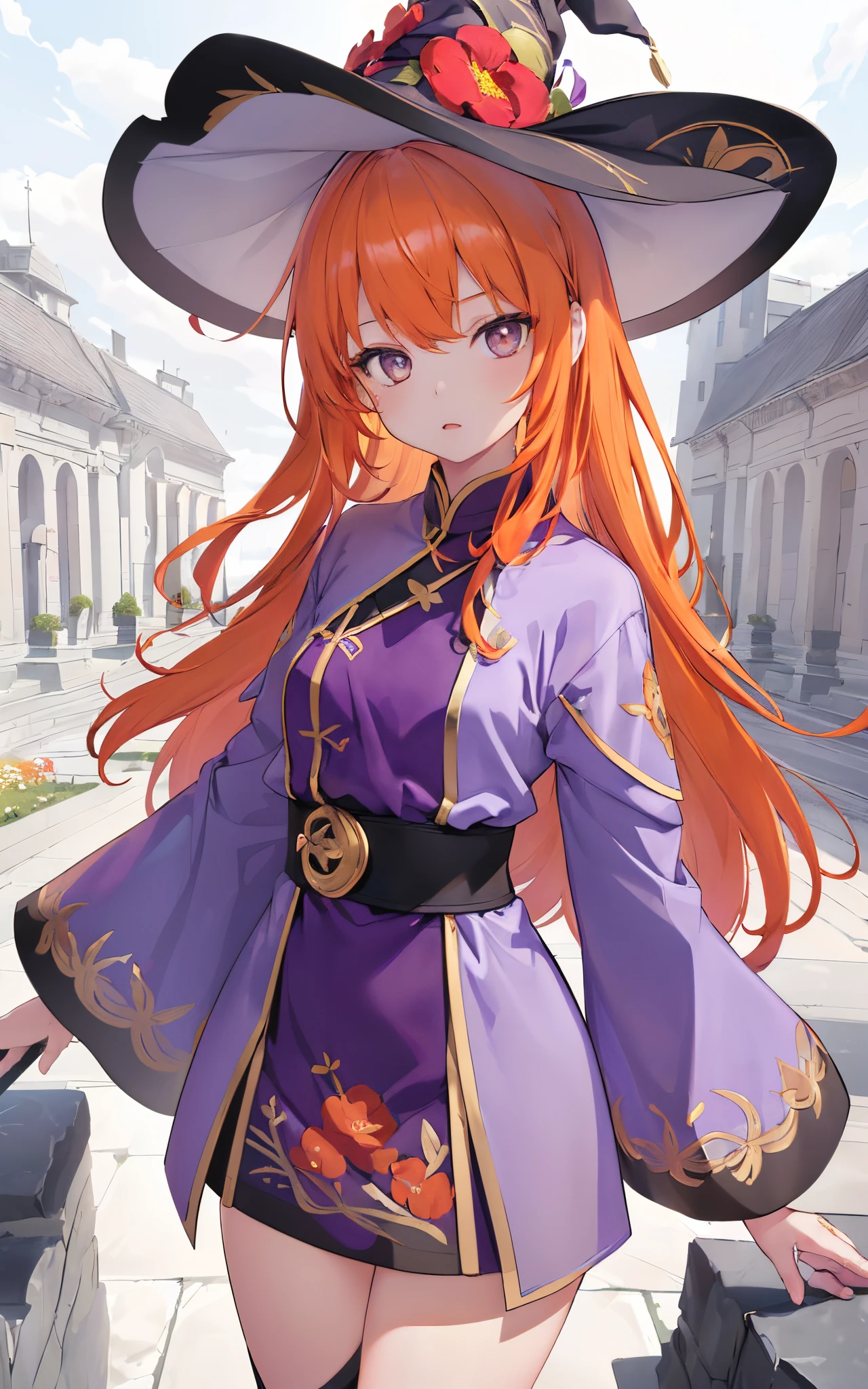 (8K, Best quality, tmasterpiece:1.2),\(Eyes detailed\),\(facial feature\),(\(clothing details body details,(surface focus) ,Very detailed CG unified 8k wallpaper,hugefilesize,ultra - detailed,A high resolution,Huang Li,beautidful eyes,Ray traching,dramatic shadow,Detailed pubic hair,dramatic angles,hyper-detailing,(1 girl:1.3),(Alone),14岁,(Flowers become real),Orange chestnut hair,(stone gray eyes),cute female child,medium,Young and beautiful girl,(Purple gold embroidered magic robe),Willow waist,Witch hat.magic guild background,Marble building,English architectural style