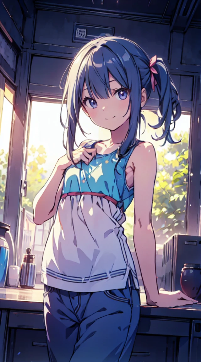 masutepiece, Best Quality,Illustration, Wallpaper, ultra -detail, 1loli、♡、Futomo、Poses in motion、Bewitching smile、ample breasts、Tank tops、a short skirt