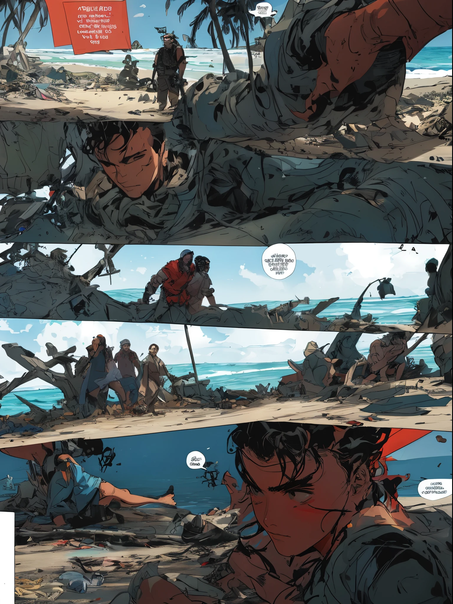 comic book panels:1，Robson Crusoe is seen waking up on an unknown island. He gets up and notices that everything around him is unlike any place he has ever seen before.. The beach is covered in trash and debris, and the sea is dark and dirty. He realizes he is not alone on the island, because there are other survivors who also fight to survive. Sharp Images, Use edge lights to render at 8K resolution, Magic Pulse HDR Lighting，Sombras complexas e desenvolvidas.
