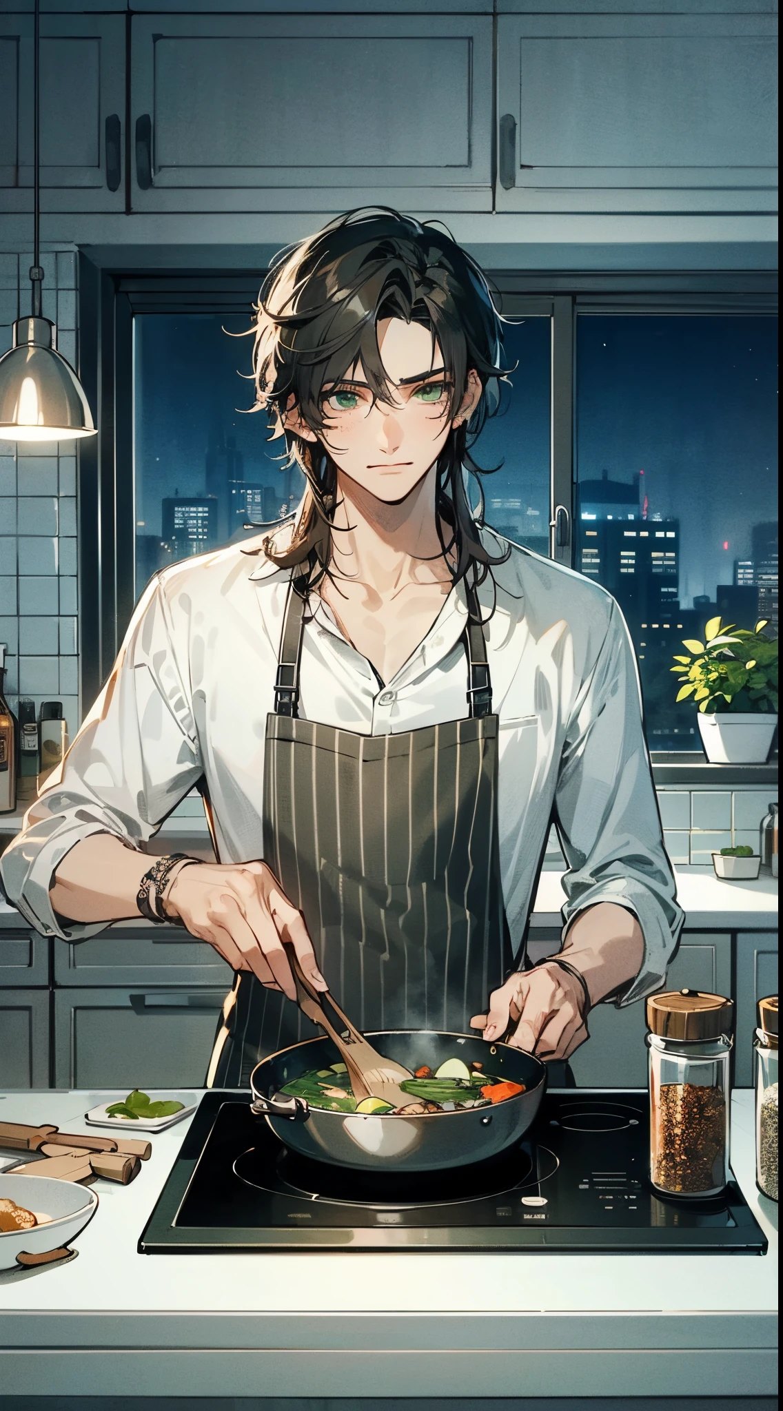 Handsome young man, Cook dinner, Long Black Hair, Green eyes, Modern kitchen, Casual clothing, Apron, spice jar, kitchenware, Stir-fried vegetables, Intensive manifestation, night cityscape, window, Small potted plants, High quality, Pixiv style illustration, Dense and delicate line drawing, Soft and muted colors, Pay attention to the character&#39;s expression and posture.,