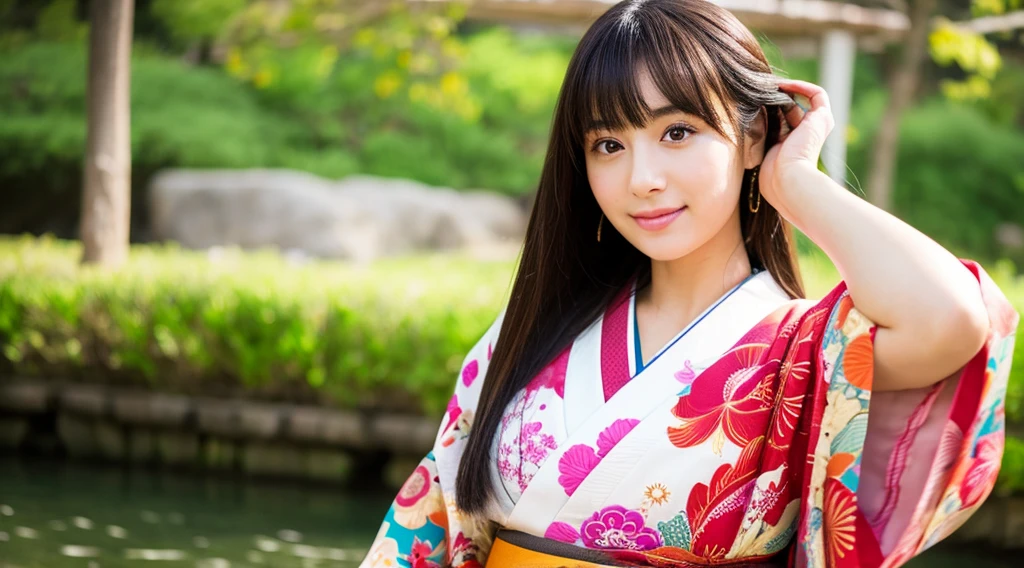 Best Quality, 超A high resolution, (Photorealistic:1.4), raw life truth, (upper waist:1.4), a japanese girl, (Solo), (dark brown eyes), Natural Skin, (Long,Bangs),(kimono),(Obi),(Japanese background),furisode