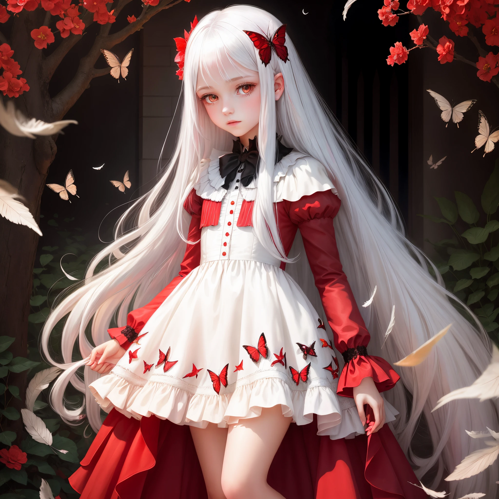 butterflys々Feathers of　teens girl　Redeye、　portraitures　, Shiny white hair waving in the wind、　Change the pose of the girl in this photo.　Red dress