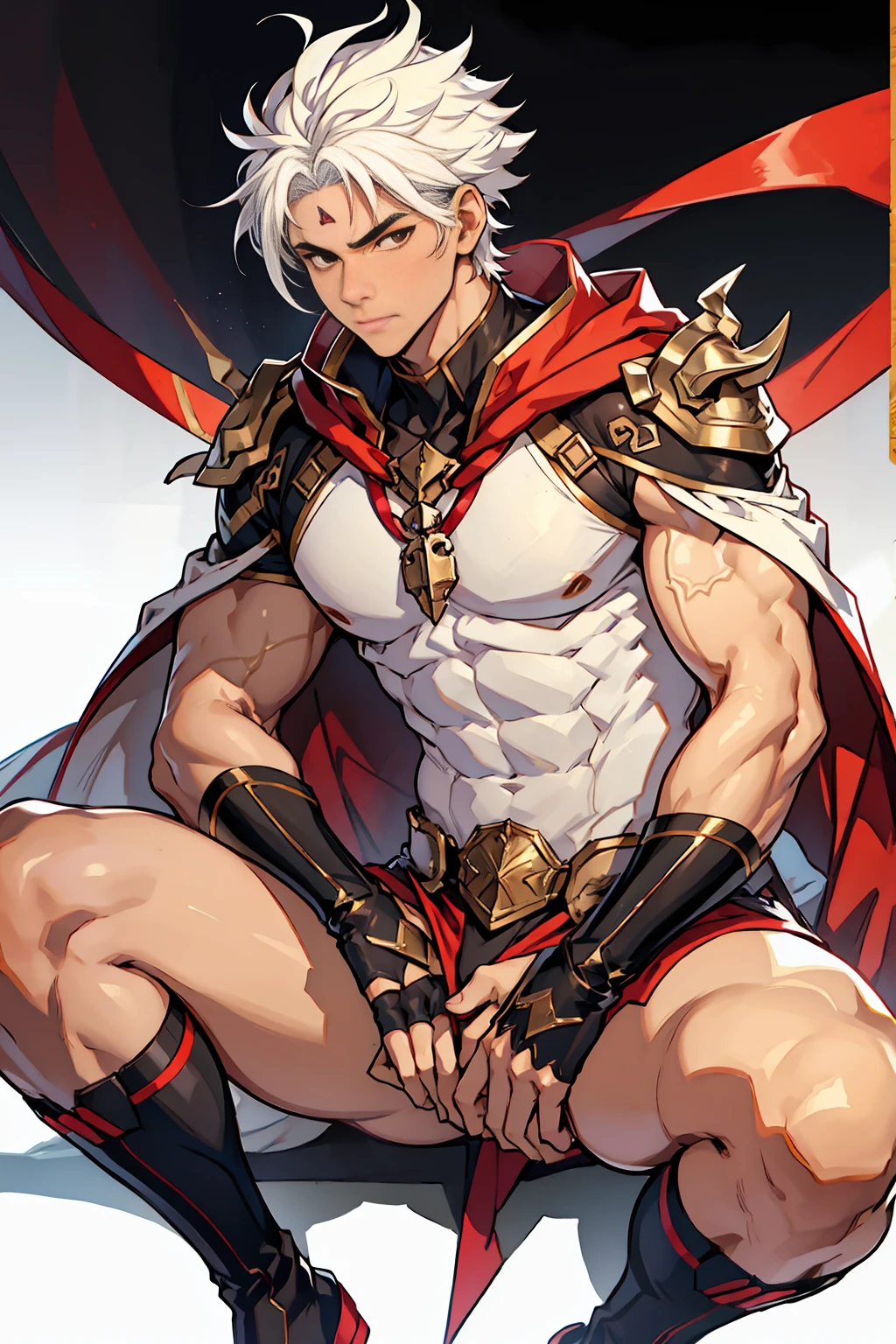 Highest image quality,male people,child,1 boy,Young and handsome,shoun,White color hair,Short flat top hair,Dark skin,anime big breast,anime wallpaper,Solo,malefociefs,Dilation of the pectoral muscles,Red cape,Bulging crotch, background,spread their legs,Sexy,(Masterpiece, Best quality),Long white socks,Red Martin boots,