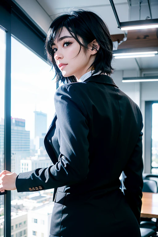 best quality, vivid colors, soft lightinasterpiece:1.2, Best quality at best),Alone, black short hair, makeup, Confident and relaxed,parted lips, from behind, business suit, office, happy, coffee. chating