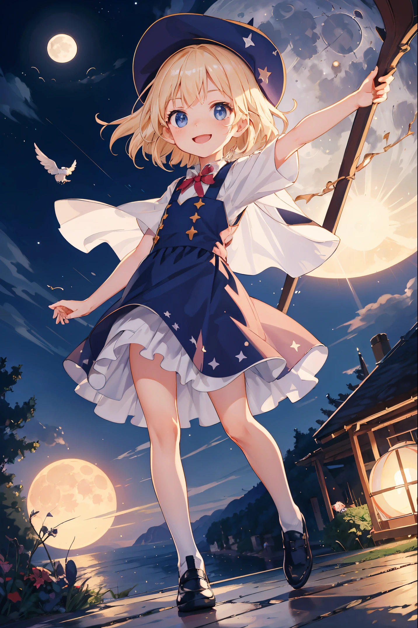 Best Quality, ultra-detailliert, magical little girl,Witch's Delivery Service，Boom，flying though the air， 1 young girl（8years old）,a beauty girl，A smile， Arm in arm, platinum-blonde-hair, nighttime scene，region: Amalfi，flat chest，Perfect limbs，The moon shines