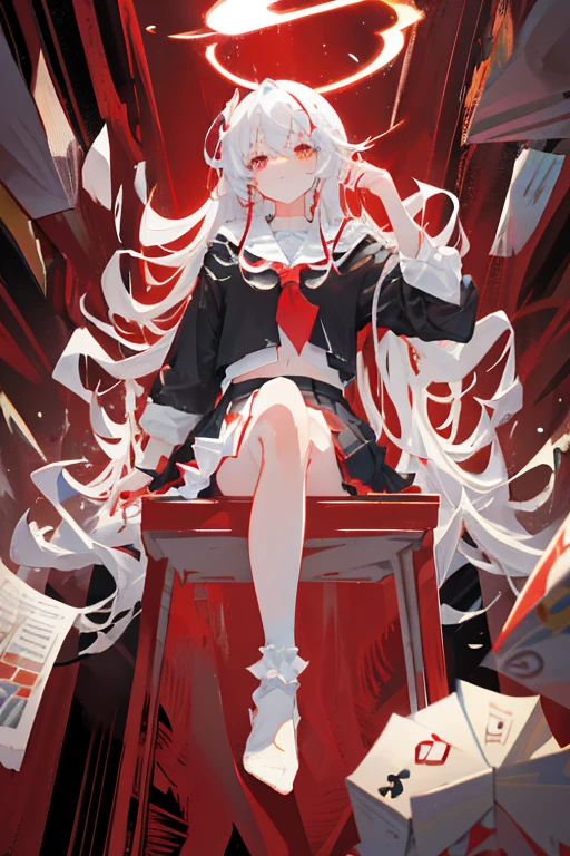 Long white hair,The red top of Gambling Abyss,The skirt of the abyss of gambling,White socks,pupils red,Shy and reserved expression,There is a knife at the waist,female high-school student