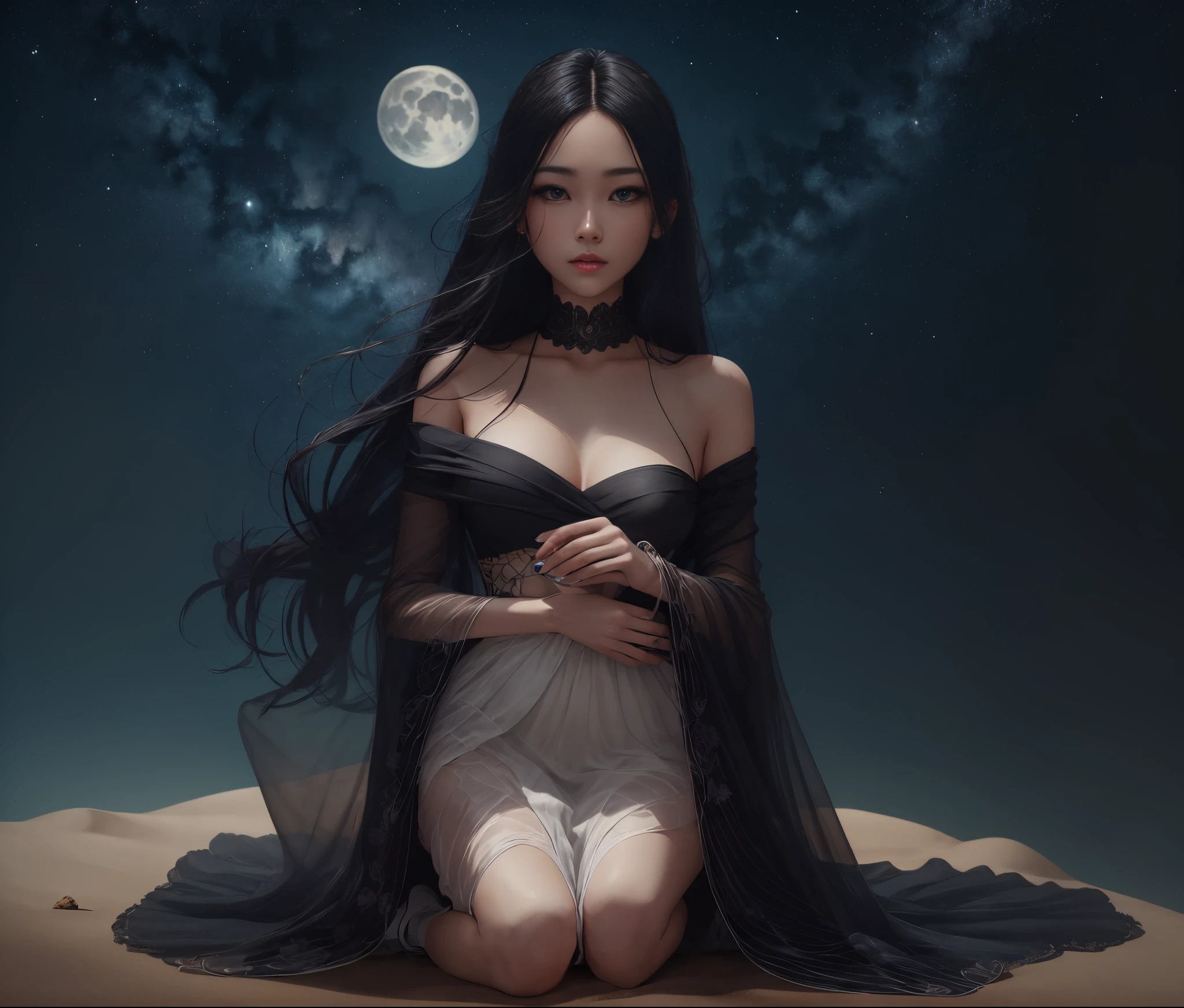 / A young woman with long black hair, wearing a spacious white dress, kissed a gentleman lightly under the moonlight on the beach. Her perfect face was clearly defined, her perfect hands were perfect, and 3D super details were added --auto --s2