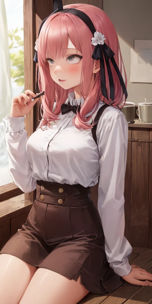1menina, solo, nakano nino, cabelo rosa, ornamento de cabelo de borboleta, (nu: 1.3), (avental branco), seios grandes, decote, coxas, coffee background, (rubor: 1.3) na sala.