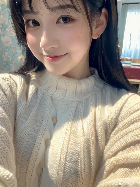 (8K, Raw photo, Best Quality, detailed, masterpiece:1.5), (Photorealistic:1.4), (Very detailed 8k wallpaper), Cinematic, Japanese idol, 20 years old, ultra-detailed face, kawaii, cute, detailed eyes, highly detailed lips , black hair, shiny pale skin, ((selfie)), upper body, Looking at Viewer, Smiling, sweater, (chubby:1.1)