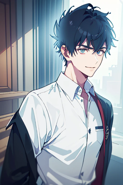 ((Masterpiece: 1.2, top quality)), (handsome: 1.4), best quality, 1man, short hair, hair trimmed short, very short hair tousled back, comma bangs, handsome student, solo, trendy, grey hair, icy blue eyes, lean body, tall body, skinny, masculine, alpha male, clean shaven face, broad shoulders, tiny waist, modern, man wears korean school uniform, sophisticated uniform, brown trousers, blue shirt, dark blue blazer, student council badge, half body shot, CG 8k, high school student, smirking, perfect anatomy, correct limbs, looking at viewer, in school classroom