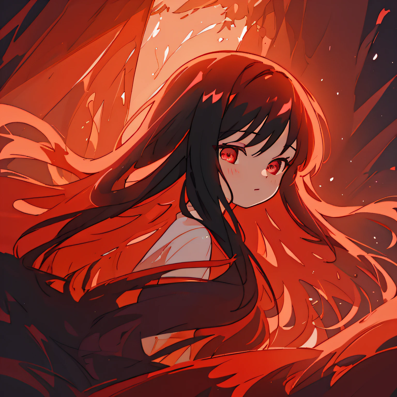 beautiful girl in black and red silk clothes, flowy silk clothes, red, black, and white color palette, (magical lights, black hair, red eyes, otherworldly black and red landscape background, inspired by Glen Keane, inspired by Lois van Baarle, disney art style, by Lois van Baarle, glowing aura around her, by Glen Keane, jen bartel, glowing lights! digital painting, flowing glowing hair, glowing flowing hair, beautiful digital illustration, fantasia background, whimsical, magical, fantasy, beautiful face, ((masterpiece, best quality)), intricate details, highly detailed, sharp focus, 8k resolution, sparkling detailed eyes, liquid watercolor, cowboy shot, dynamic contrast lighting, dynamic angle, dynamic composition, cowboy shot, really high contrast, really harsh lighting, full body view, wide shot