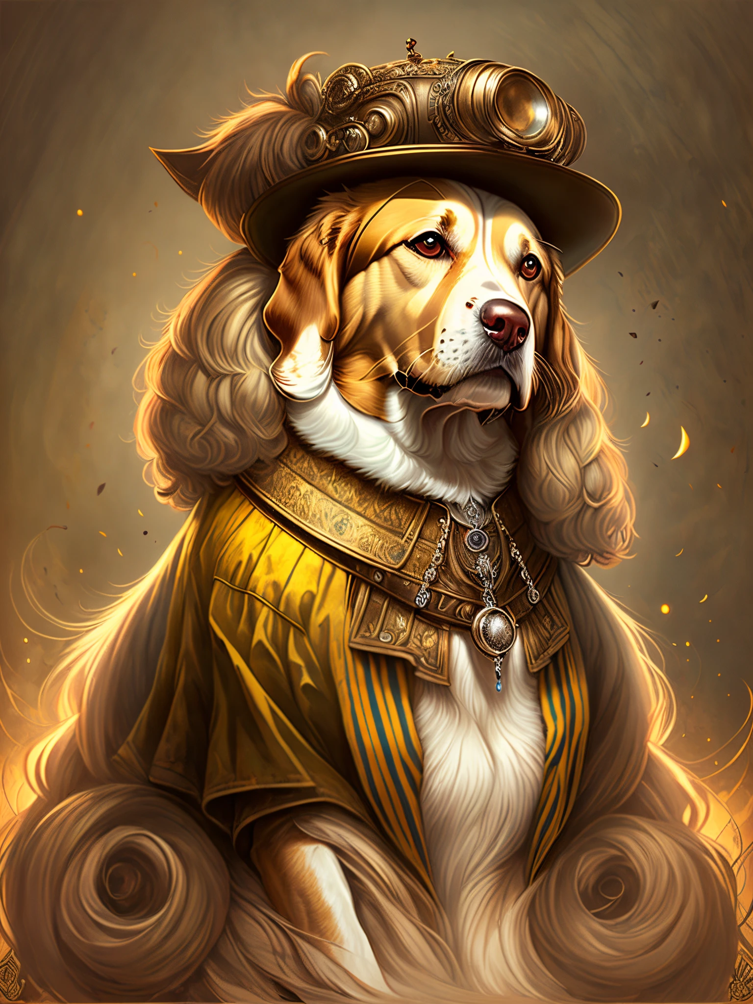 Yellow and white dog with long curly hair wearing steampunk clothes --auto --s2