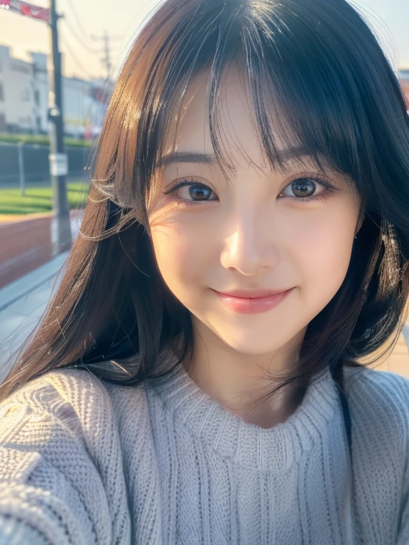 (8K, Raw photo, Best Quality, detailed, masterpiece:1.5), (Photorealistic:1.4), (Very detailed 8k wallpaper), Cinematic, Japanese idol, 20 years old, ultra-detailed face, kawaii, cute, detailed eyes, highly detailed lips , black hair, shiny pale skin, ((selfie)), upper body, big breast, Looking at Viewer, Smiling, sweater, (chubby:1.1)