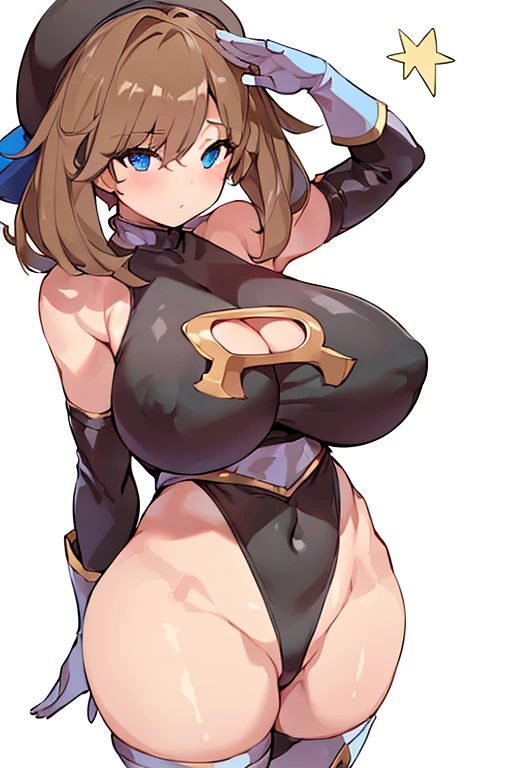 1girl, alternate breast size, alternate, outfit, belly, belt, blue eyes, bodysuit, breasts, brown hair, busty, cleavage, cleavage cutout, clothed, cosplay, covered navel, curvaceous, cutout, enemy conversion, female, female only, gloves, hat, hourglass figure, huge breasts, human, human only, large breasts, leotard, navel, pose, salute, short hair, skin tight, solo, standing, thick thighs, thighhighs, voluptuous, wide hips