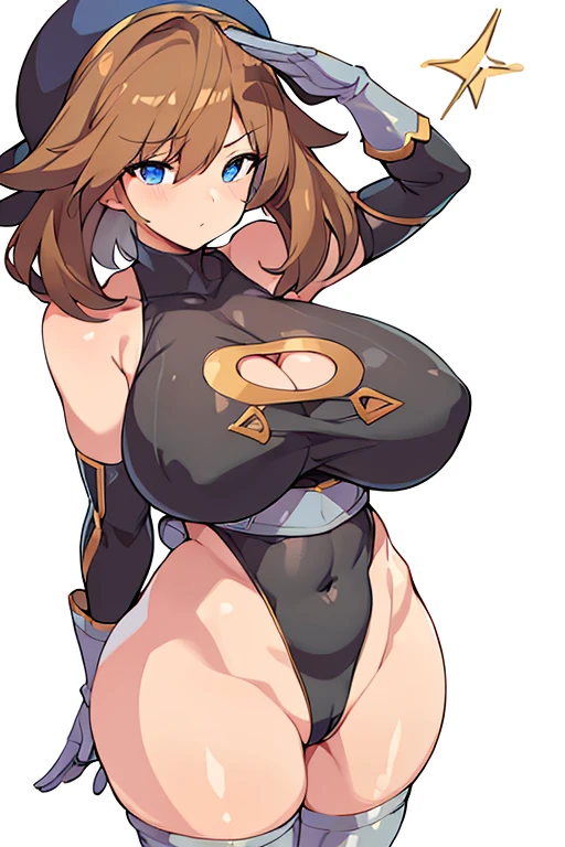 1girl, alternate breast size, alternate, outfit, belly, belt, blue eyes, bodysuit, breasts, brown hair, busty, cleavage, cleavage cutout, clothed, cosplay, covered navel, curvaceous, cutout, enemy conversion, female, female only, gloves, hat, hourglass figure, huge breasts, human, human only, large breasts, leotard, navel, pose, salute, short hair, skin tight, solo, standing, thick thighs, thighhighs, voluptuous, wide hips