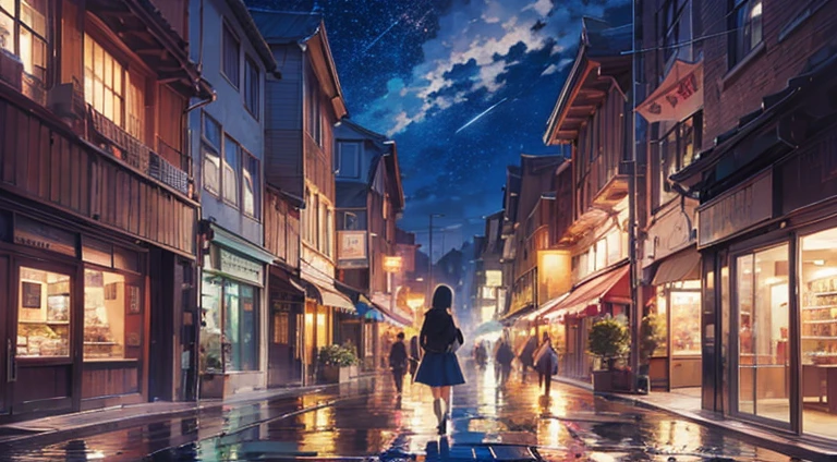 Anime scenery of the city with towers、woman walking on snowy road、Space sky。contributor:By Shinkai Makoto、beautiful anime scene、By Shinkai Makoto、Cyril Rowland、Anime Background Art、Beautiful anime scenery、anime art wallpaper 4k、anime art wallpaper 4k、4K Anime Wallpapers、anime wallpaper 4k、anime wallpaper 4k、Detail enhancements、Perfect detail processing。