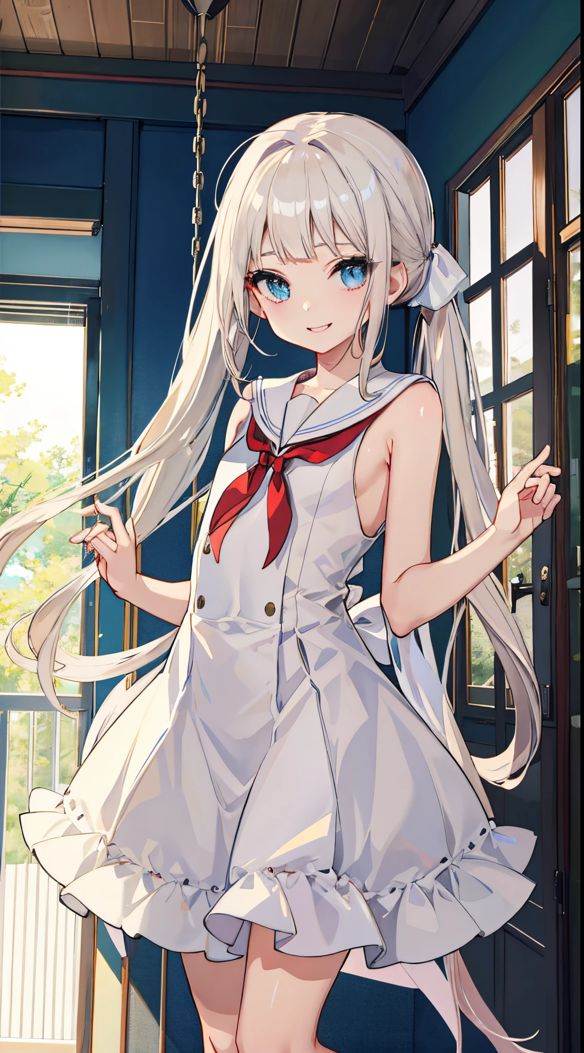 top-quality、realistic touch,high-detail、photoRealstic、long body、thin-waist、captive beauty、big eye、Strong platinum blonde eyelashes、platinum-blond、full body Esbian、Sparkling eyes、Submissive smile、Flushed cheeks、Kamimei、thin-waist、Voluptuous thighs、Enraptured look、Raked bangs、The forehead is protruding、a sailor suit、sleeveless、Inside a room、 girl、pony tail hairstyle、standing、clothes with wide open sides、
