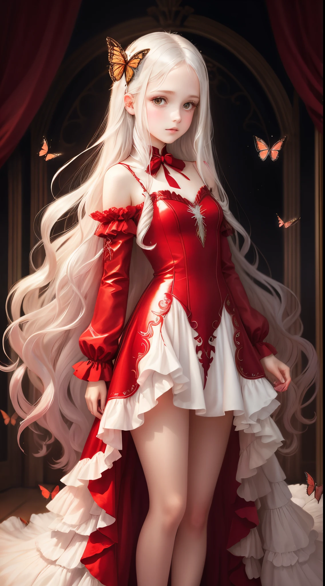 butterflys々Feathers of s girl Fantasia portraitures long shiny white flowing hair Change the pose of the girl in this photo. Red dress