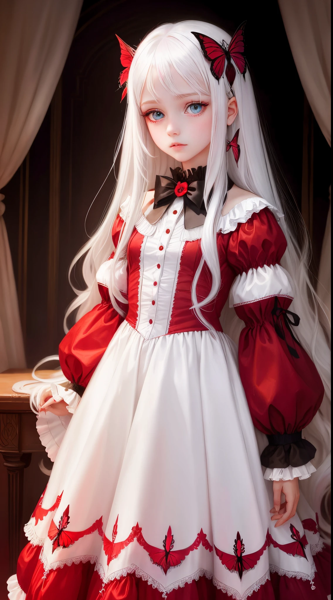 butterflys々pluma teens girl Beautiful eyes Fantasia portraitures long shiny white hair Change the pose of the girl in this photo. Red dress