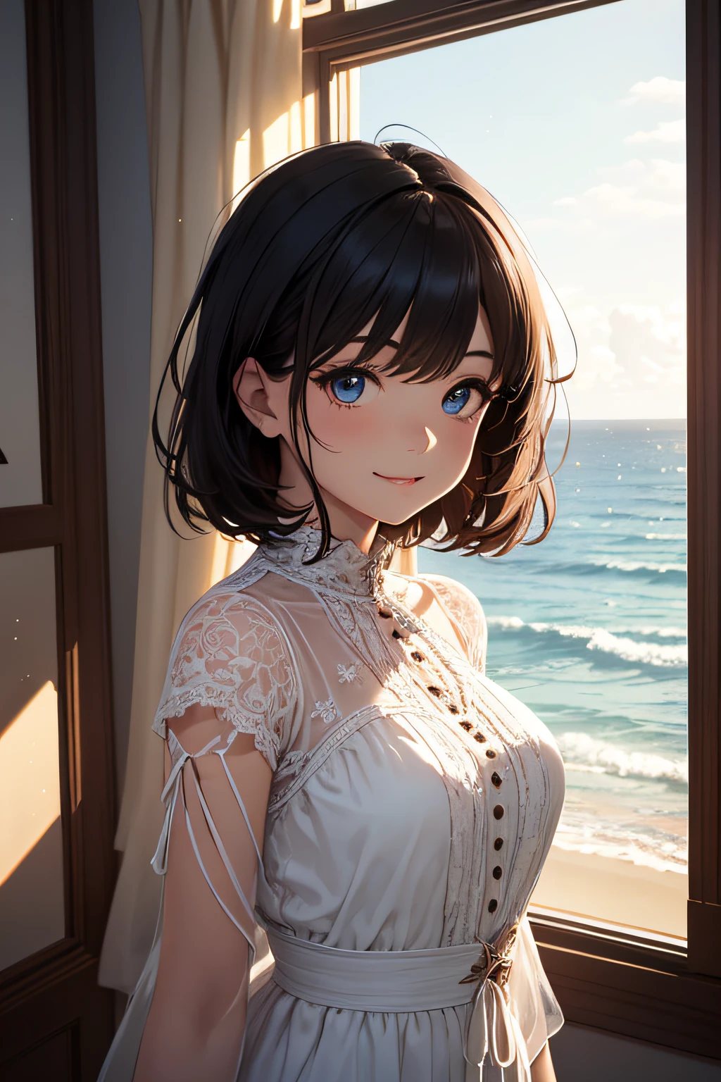 very cute and beautiful girl standing near the window,white sundress with small ruffles,
(very detailed beautiful face and eyes:1.2),white bedroom with outside view,Distant trees々and the sea,
(Cowboy Shot),Smile,Medium Hair,Black hair,Dynamic Angle,(Best Quality,masutepiece:1.2),(Intricate details),
Extremely detailed,hight resolution,1 girl,Solo,Natural lighting,light Particle,Beautiful detailed sky,