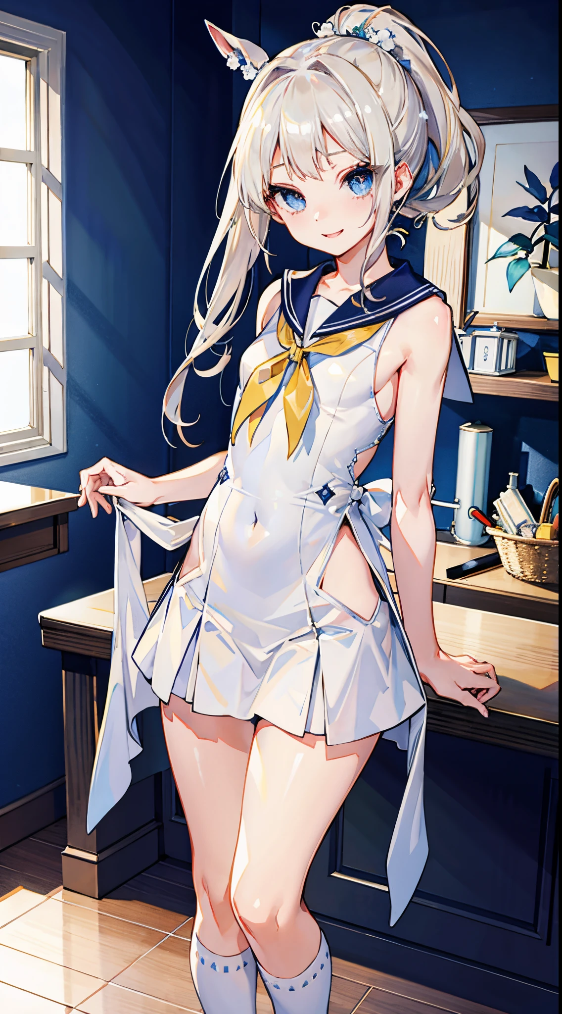 top-quality、realistic touch,high-detail、photoRealstic、long body、thin-waist、captive beauty、big eye、Strong platinum blonde eyelashes、platinum-blond、full body Esbian、Sparkling eyes、Submissive smile、Flushed cheeks、Kamimei、thin-waist、Voluptuous thighs、Enraptured look、Raked bangs、The forehead is protruding、a sailor suit、sleeveless、Inside a room、 girl、pony tail hairstyle、standing、clothes with wide open sides、