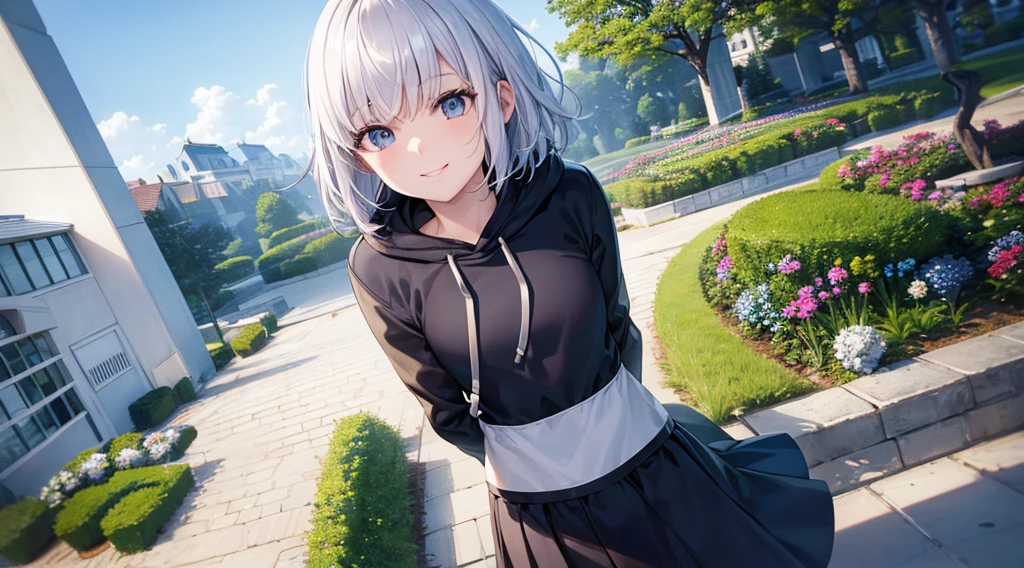 Ultra-high image quality,Look at viewers, hands behind back, girl with, 20 years old, Very short hair, long bangs between eyes, pale blue eyes, Hoodie, Skirt , Extremely detailed,(masterpiece、top-quality),White hair、A smile、Fantastical, Silver hair, Black eyes, Hoodie, White hoodie,a black skirt,Hair is short,White jacket, Casual style,Open jacket, Cowboy Shot、Fluttering hair、a small face、Bright smile、(Detailed face) ,profetional lighting,fantastic landscape,Blue sky, Sunlight,look down from above,portraitures,on the beds,inside in room