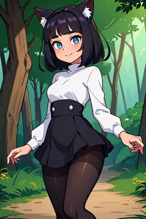 beautiful young woman with cat ears on her head, com rosto bem detalhado e bonito, belos olhos, belos olhos, rosto lindo, beautiful young woman wearing black tights, sueter apertado branco, short pantyhose, Standing in a forest, usando salto alto, cabelo curto preto, morena,orelhas de gato, belo sorriso, tomboy, morena, um pouco musculosa