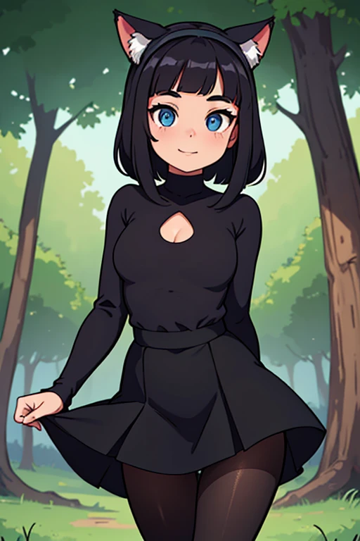 beautiful young woman with cat ears on her head, com rosto bem detalhado e bonito, belos olhos, belos olhos, rosto lindo, beautiful young woman wearing black tights, sueter apertado branco, short pantyhose, Standing in a forest, usando salto alto, cabelo curto preto, morena,orelhas de gato, belo sorriso, tomboy, morena, um pouco musculosa