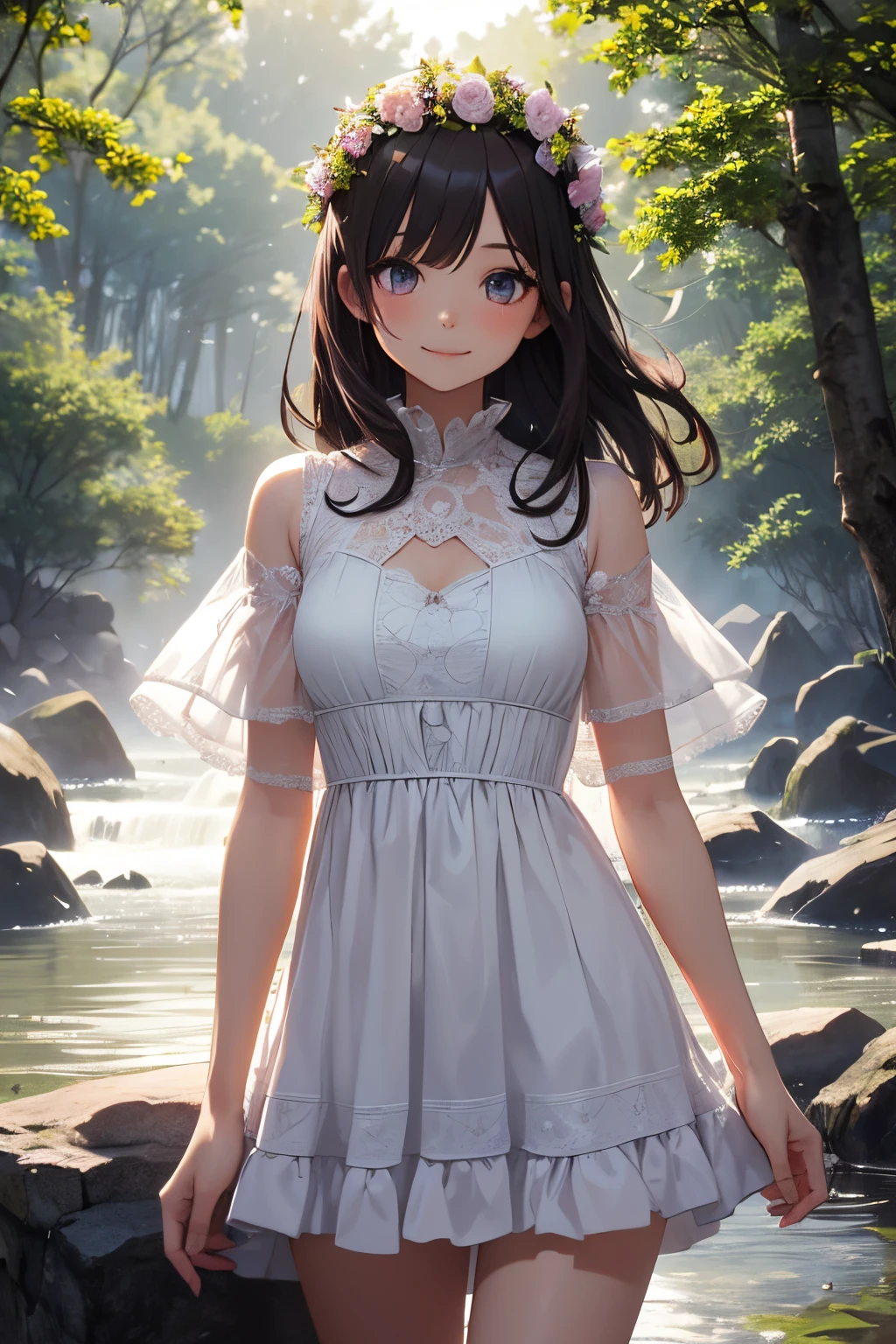 very cute and beautiful girl,white sundress with small ruffles,(skirt lift,white panties), (very detailed美しい顔と目:1.2),cowboy shot,(smile),black hair,flower crown, (Standing by a water fountain in the forest),fog,fantastic stone monument,detailed landscape, (highest quality,masterpiece:1.2),(intricate details),very detailed,High resolution,alone, cinematic lighting,dim light,dynamic angle,hair blowing in the wind,