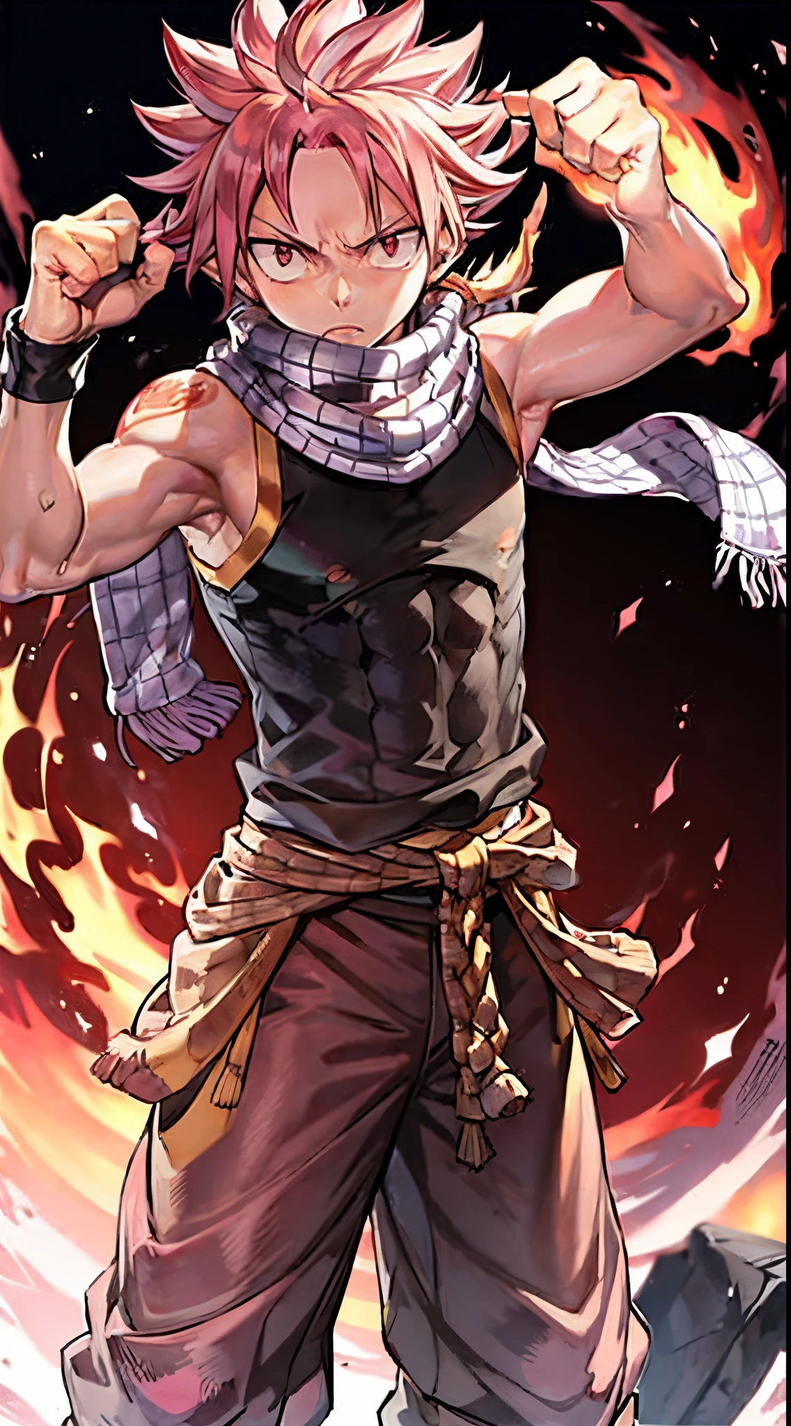 masterpiece, best quality, 1boy, natsu dragneel, scarf, sleeveless, black eyes, fire, arm up,