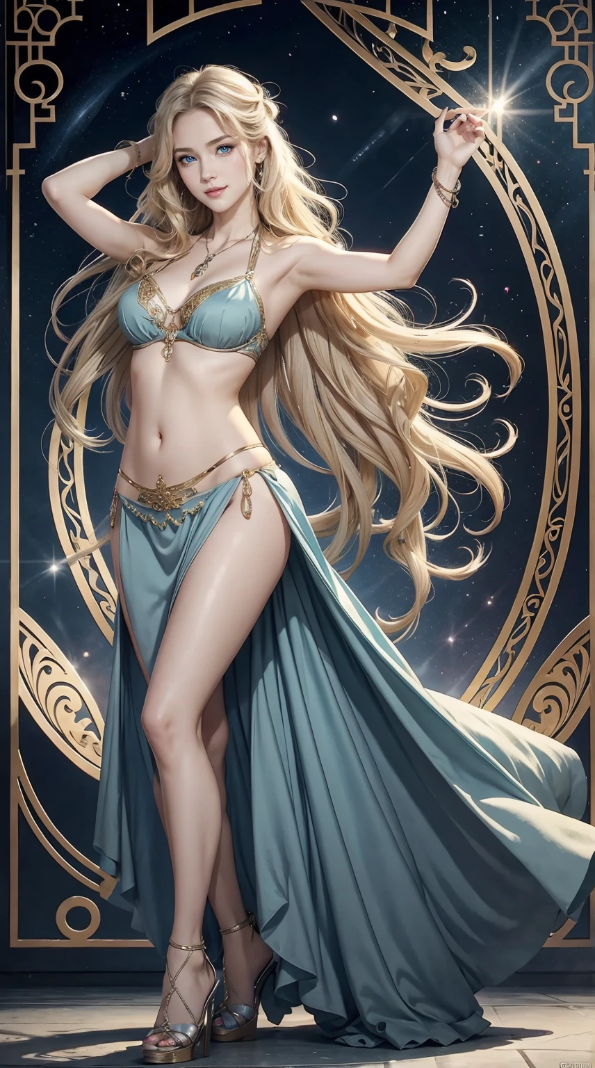 25-year-old Caucasian woman、ash blonde、blue eyess、Semi-long、setting hair、I'm tying my hair、My hair is wavy、Slender but thin macho、accessories on the wrist、wearing a chain necklace、Beautiful breasts、a smile、I need space above my head、Wearing belly dancing costumes、Wearing high heels、Snowflakes are falling all over the screen、background art nouveau