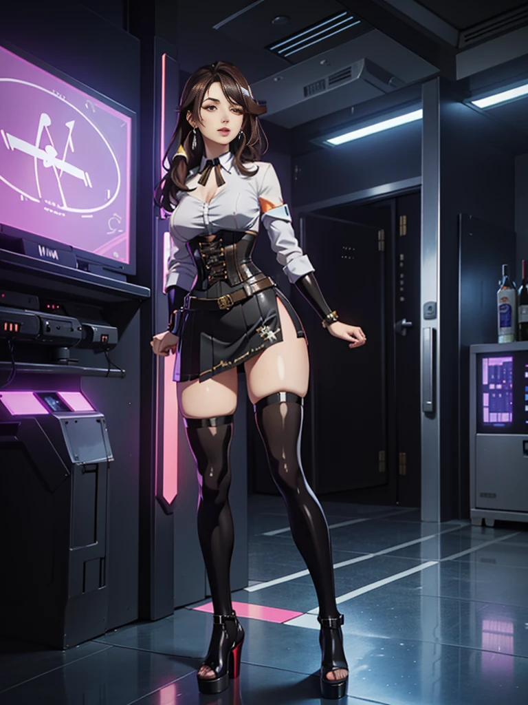 (gotou airi):1.2, (full body, solo, 1girl), (gyaru, goth:0.5, bimbo, (long legs, thick thighs, narrow waist, wide hips), thick lips), lipstick, long eyelashes, long dark hair, (thin toned body, cyberpunk corset). (sensual long skirt, holographic arab skirt, tight steampunk skirt):1.2. (luminescent neon sexy platform heels, futuristic translucent legwear, reflective accessories):1.2, mature detailed face, detailed body