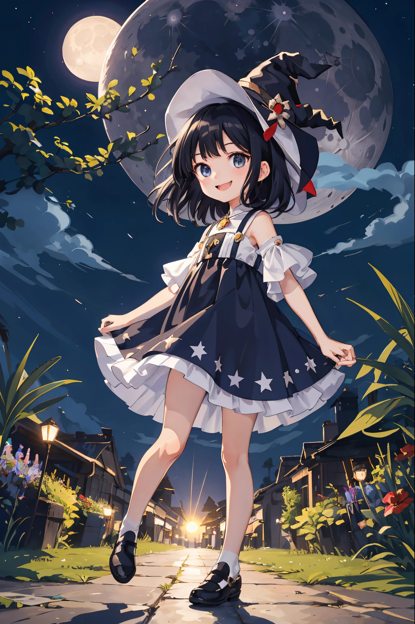 Best Quality, ultra-detailliert,Kiki the Witch,(fly over the moon), 1 young girl(8ars old),a beauty girl,A smile, Arm in arm, Platinum Black Hair, nighttime scene,region: a moon,flat chest,Perfect limbs,The moon shines