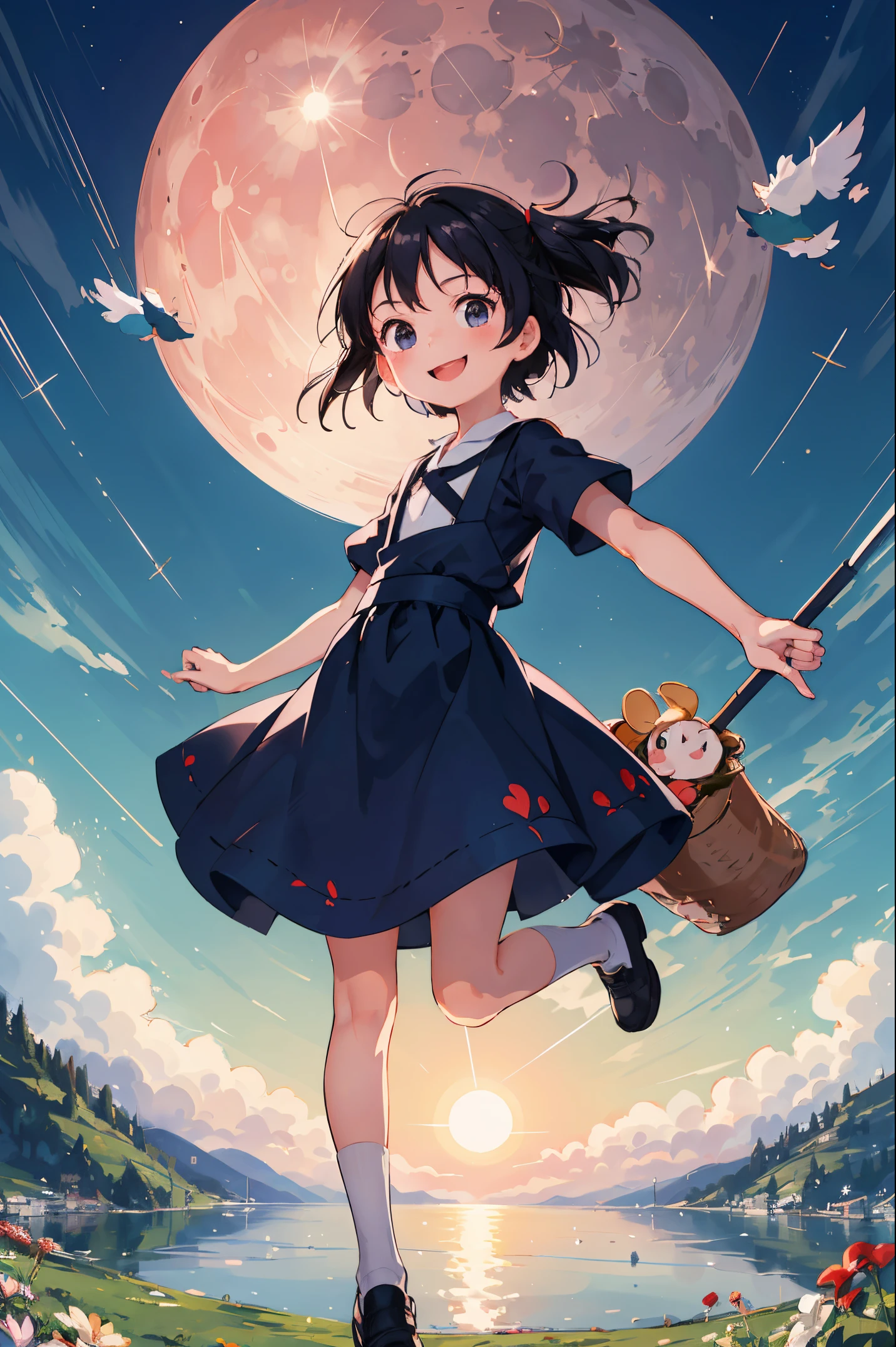 Best Quality, ultra-detailliert,Kiki's Delivery Service,Boom,(flying though the air), ung girl(8years old),a beauty girl,A smile, Arm in arm, Platinum Black Hair, nighttime scene,region: Amalfi,flat chest,Perfect limbs,The moon shines