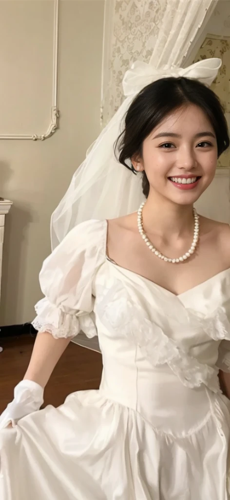 (On a table, Best quality at best, realistically, ultra - detailed, meticuloso, A high resolution, 8k wallpaper), Close-up portrait of a beautiful woman, Chariada, Smiling, light brown messy hair, Perfect dynamic composition, 美丽meticuloso的眼睛, Just like the cover of a fashion magazine, On campus