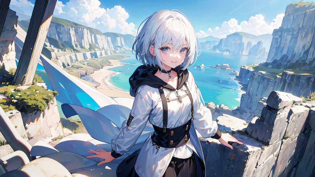 Ultra-high image quality,Look at viewers, hands behind back, girl with, 20 years old, Very short hair, long bangs between eyes, pale blue eyes, Hoodie, Skirt , Extremely detailed,(​masterpiece、top-quality),White hair、A smile、Fantastical, Silver hair, Black eyes,  Hoodie, White hoodie,a black skirt,Hair is short,White jacket, Casual style,Open jacket,  Cowboy Shot、Fluttering hair、a small face、Bright smile、(Detailed face) ,profetional lighting,fantastic landscape,Blue sky, Sunlight,look down from above,portraitures