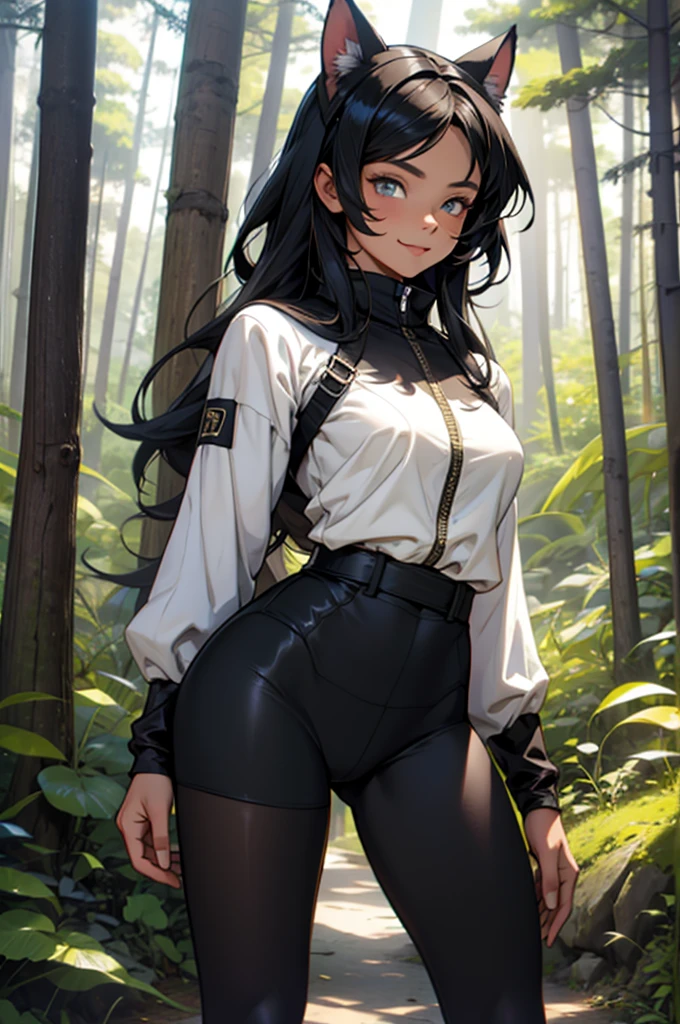 beautiful young woman with cat ears on her head, com rosto bem detalhado e bonito, belos olhos, belos olhos, rosto lindo, beautiful young woman wearing black tights, sueter apertado branco, short pantyhose, Standing in a forest, usando salto alto, cabelo curto preto, morena,orelhas de gato, belo sorriso, tomboy, morena, um pouco musculosa