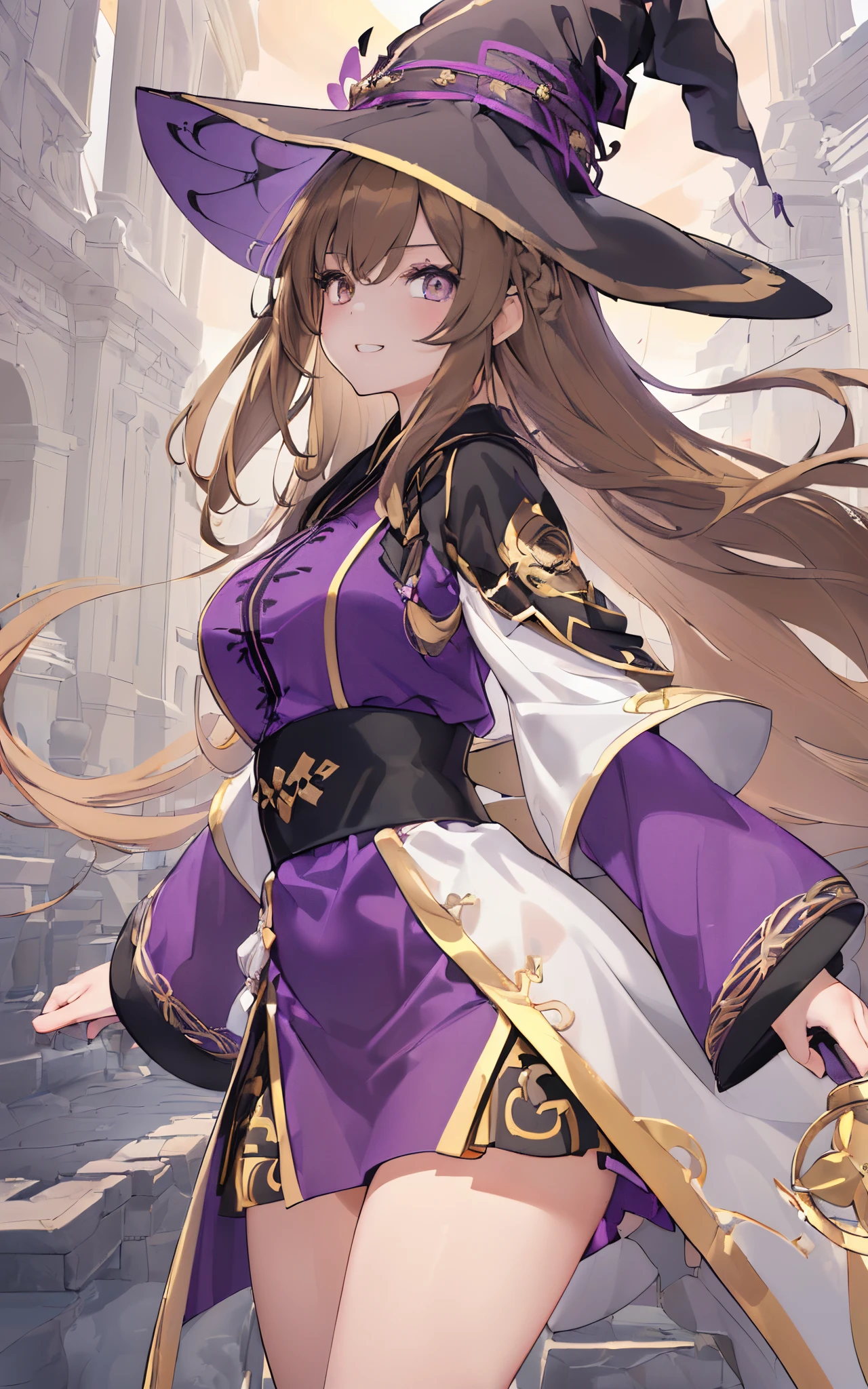 (8K, Best quality, tmasterpiece:1.2),\(Eyes detailed\),\(facial feature\),(\(Clothing details body details,(surface focus) ,Very detailed CG unified 8k wallpaper,hugefilesize,ultra - detailed,A high resolution,Huang Li,beautidful eyes,Ray traching,dramatic shadow,Detailed pubic hair,dramatic angles,hyper-detailing,(1 girl:1.3),(Alone),,(Yellow-brown hair),Smooth long hair,(Stony gray eyes),Pupil highlights,big and round eyes,cute girls,medium,Young and beautiful girl,Energetic girl,cheerful grin,(Purple gold embroidered magic robe),Willow waist,Witch hat.magic guild background,Marble building,English architectural style